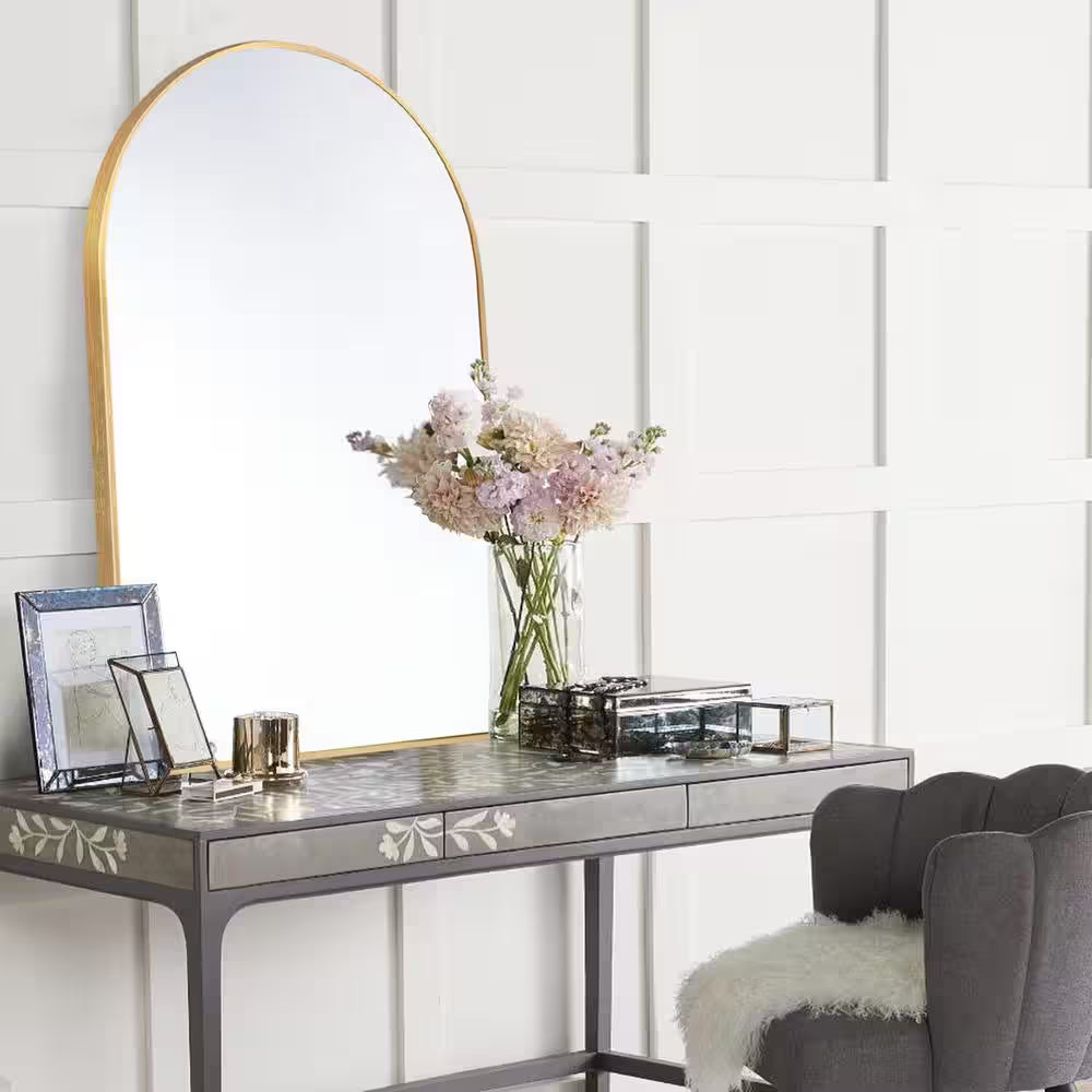 24 In. W X 36 In. H Gold Vanity Arched Wall Mirror Aluminum Alloy Frame Bathroom Mirror