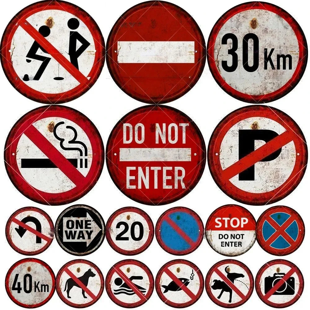 STOP Warning round Garage Vintage Metal Sign Plate Plaque Tin Sign Wall Decor for Home Bar Pub Store Sign Man Cave Yad Outdoor