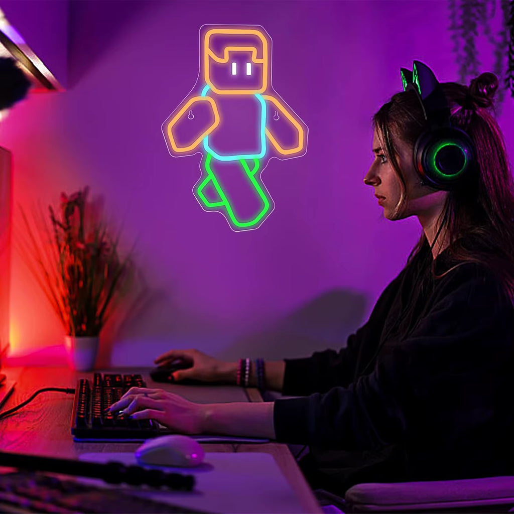 Pixel Art Character Neon Sign Orange Blue Green LED Light for Gaming Room Retro Wall Decor Modern Home Office Bar Tech Gift