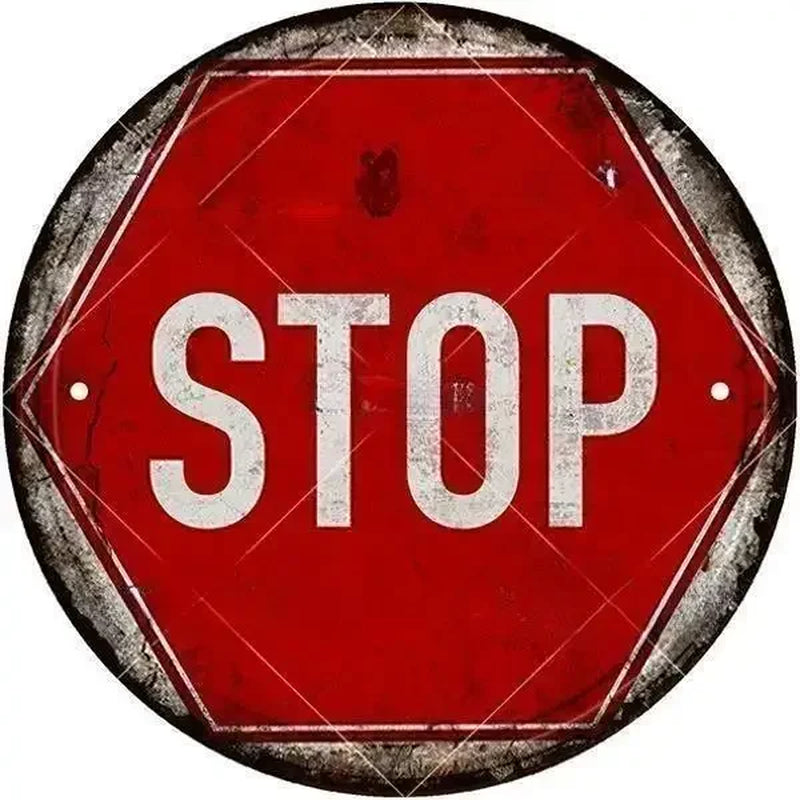 STOP Warning round Garage Vintage Metal Sign Plate Plaque Tin Sign Wall Decor for Home Bar Pub Store Sign Man Cave Yad Outdoor