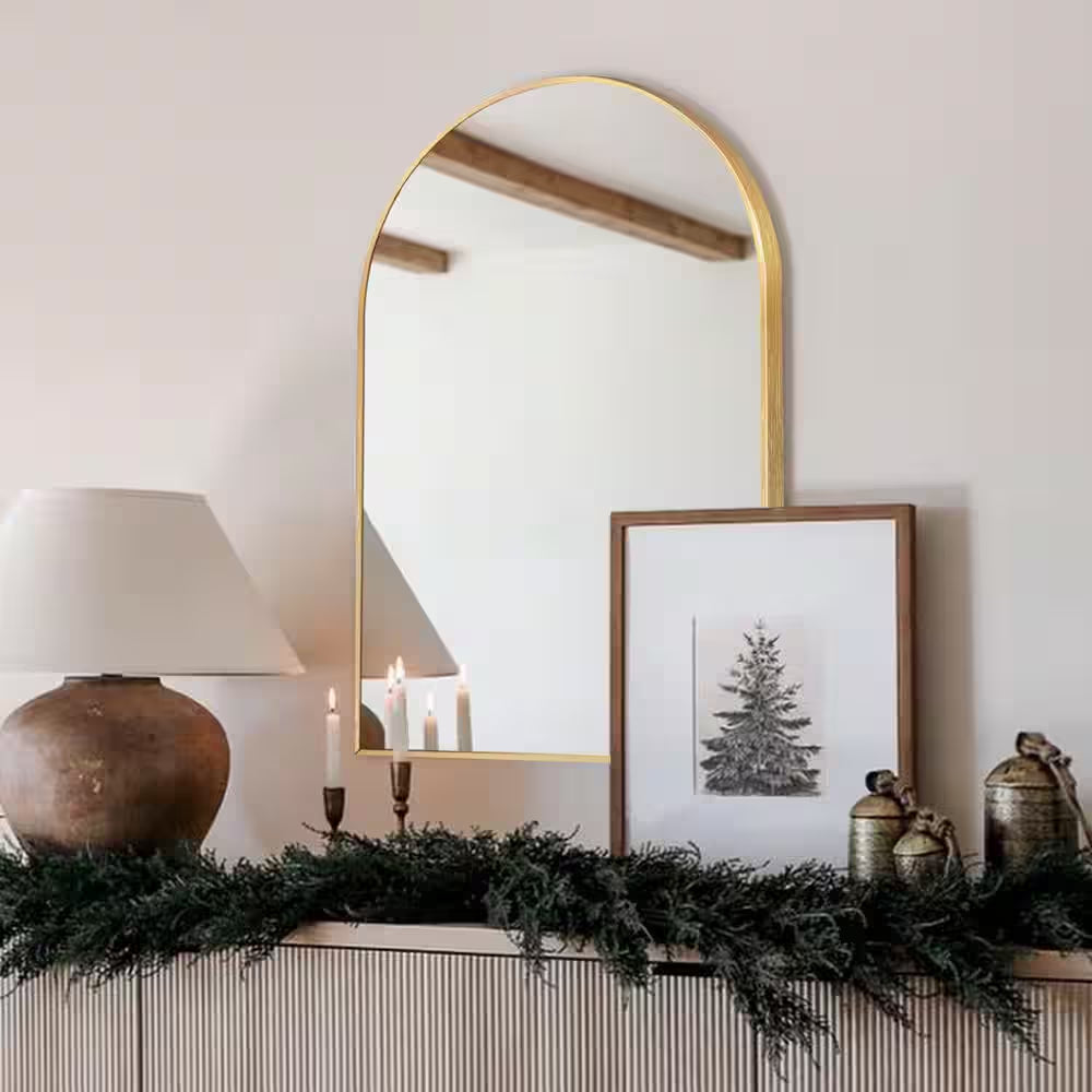 24 In. W X 36 In. H Gold Vanity Arched Wall Mirror Aluminum Alloy Frame Bathroom Mirror