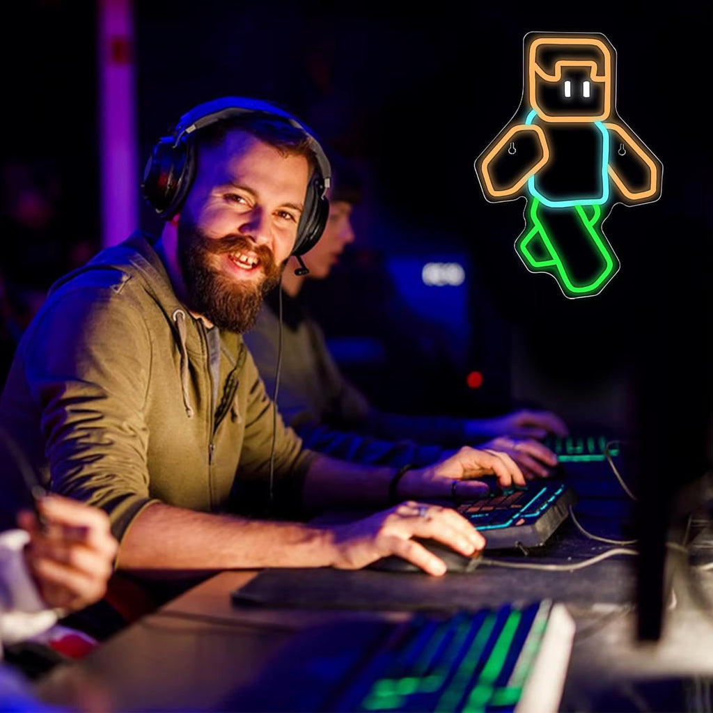 Pixel Art Character Neon Sign Orange Blue Green LED Light for Gaming Room Retro Wall Decor Modern Home Office Bar Tech Gift