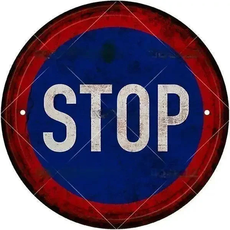 STOP Warning round Garage Vintage Metal Sign Plate Plaque Tin Sign Wall Decor for Home Bar Pub Store Sign Man Cave Yad Outdoor
